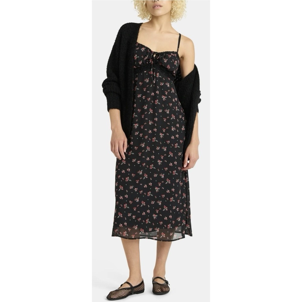 No Boundaries Women's Floral Maxi Dress w/ Lace Trim – Black - S - NWT